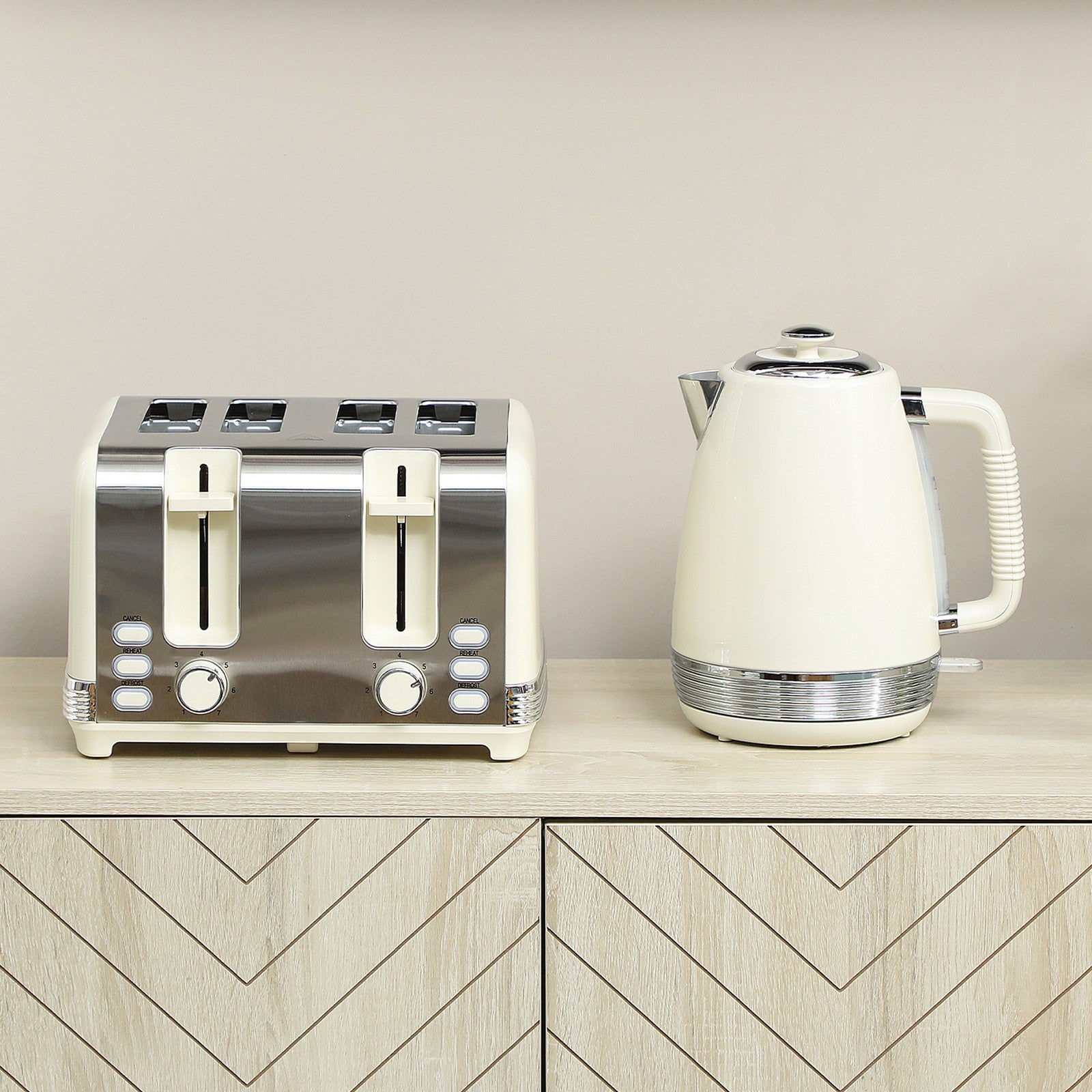 Wasserkocher Toaster Set 2200 W Mit 4 Scheiben Toaster, 1,7L Wasserkocher, Creme