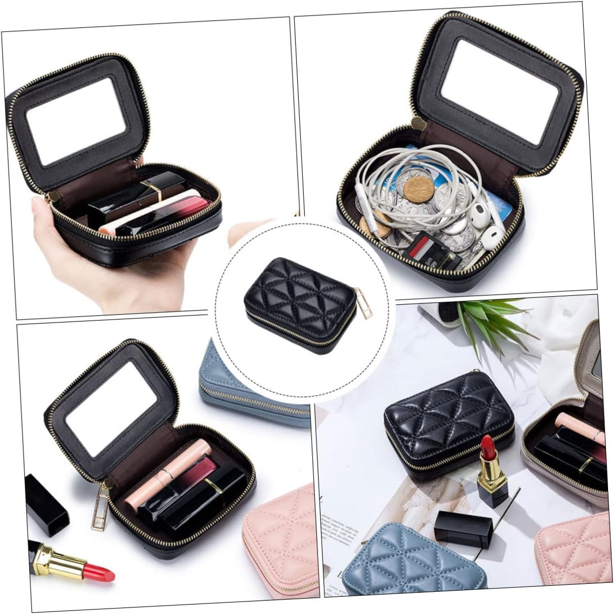 Mikinona Tragbare Lippenstifttasche Pu Mit Spiegel Kleine Kosmetiktasche Für Damen Reise Organizer Für Wandern Party Geschenk