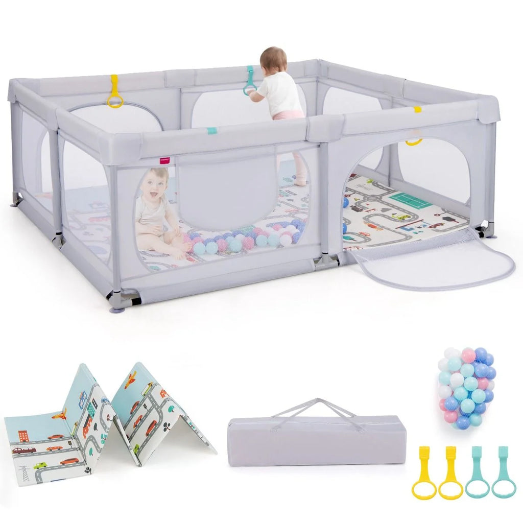 Baby Laufstall Mit Matratze & 50 Spielbällen & 4 Zugringen & 4 Reißverschlusstür Hellgrau
