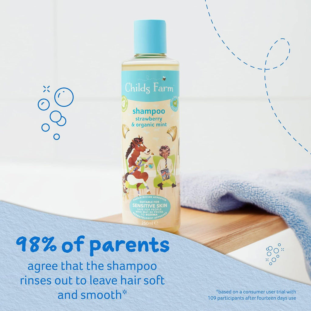 Childs Farm Kinder-Shampoo, 250 Ml, Erdbeere Und Bio-Minze, Alle Haartypen, Entwirrt Und Pflegt, Geeignet Für Trockene, Empfindliche Und Zu Ekzemen Neigende Haut Und Kopfhaut