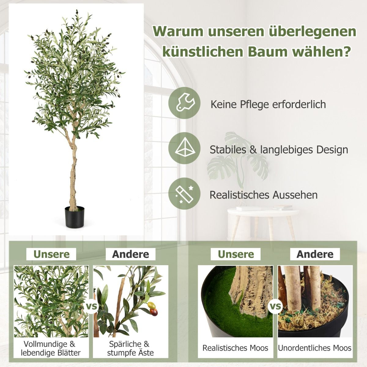 1/2Er Set Künstliche Olivenbäume Mit 1296 Blättern & 72 Früchten Olivenpflanzen 182 Cm
