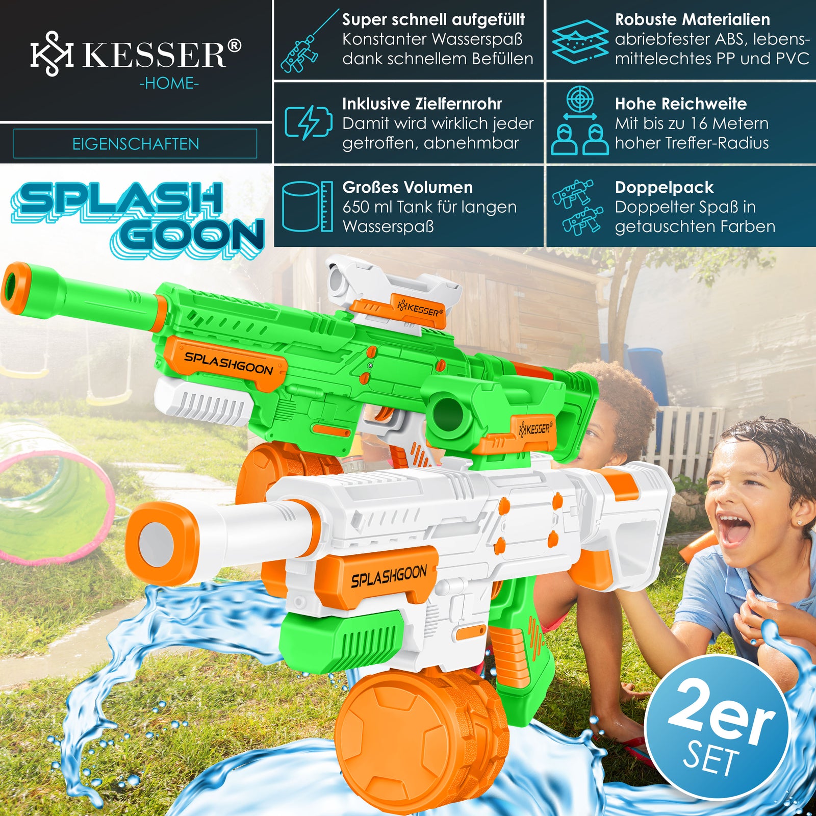 KESSER® 2X Wasserpistole Inkl. Zielfernrohr Wasser Spritzpistole 16M, 1,65L Tank