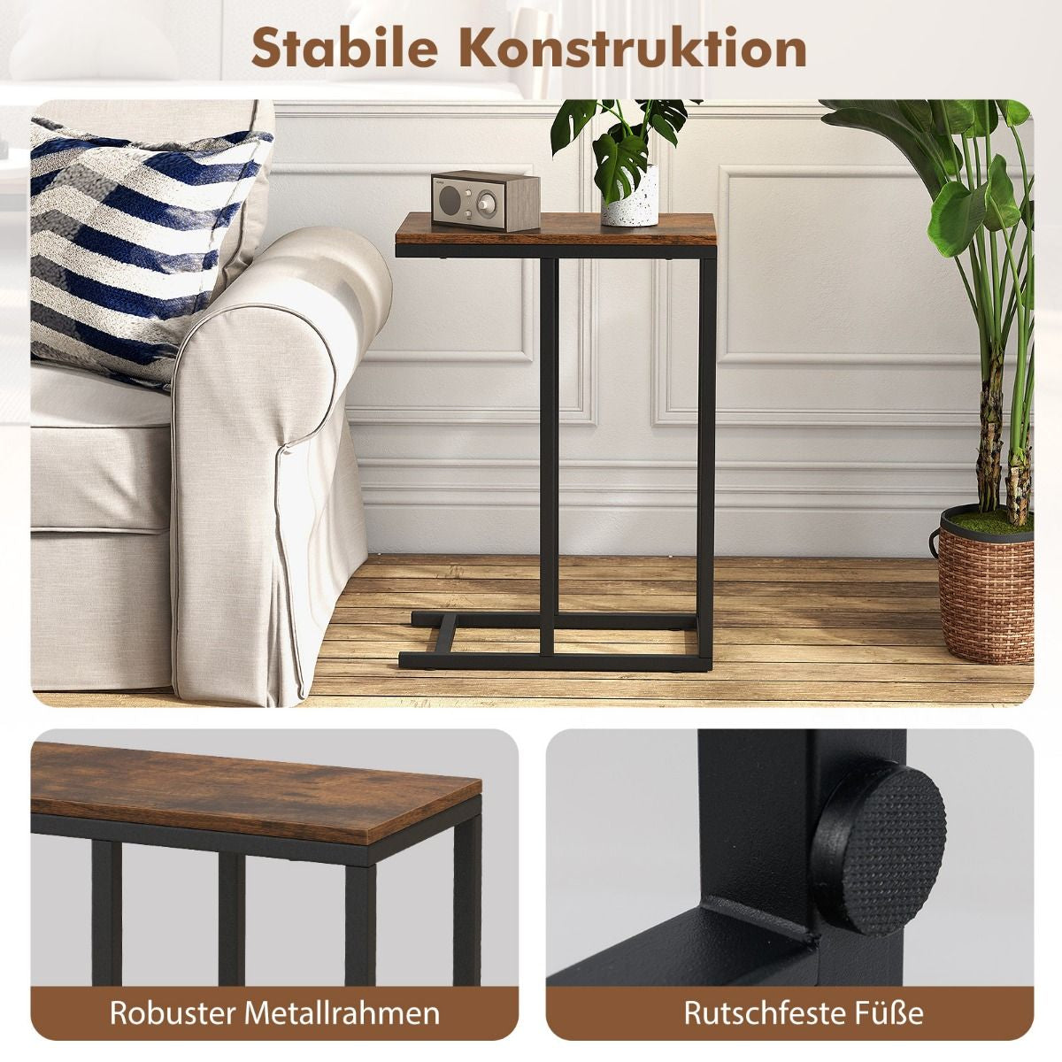 Beistelltisch C-Form Sofatisch Mit Metallgestell Kaffeetisch Für Wohnzimmer Rustikales Braun/Grau/Schwarz