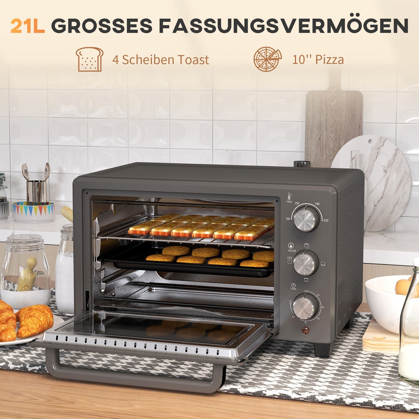 Minibackofen 21L 1400W 60 Min Timer, Kleinbackofen Mit 100 °C-230 °C Einstellbar