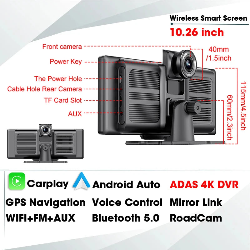 10.26 Inch 4K ADAS Car DVR Wireless Carplay Android Auto Car Radio Multimedia GPS Navigation Video Player BT WIFI Stereo