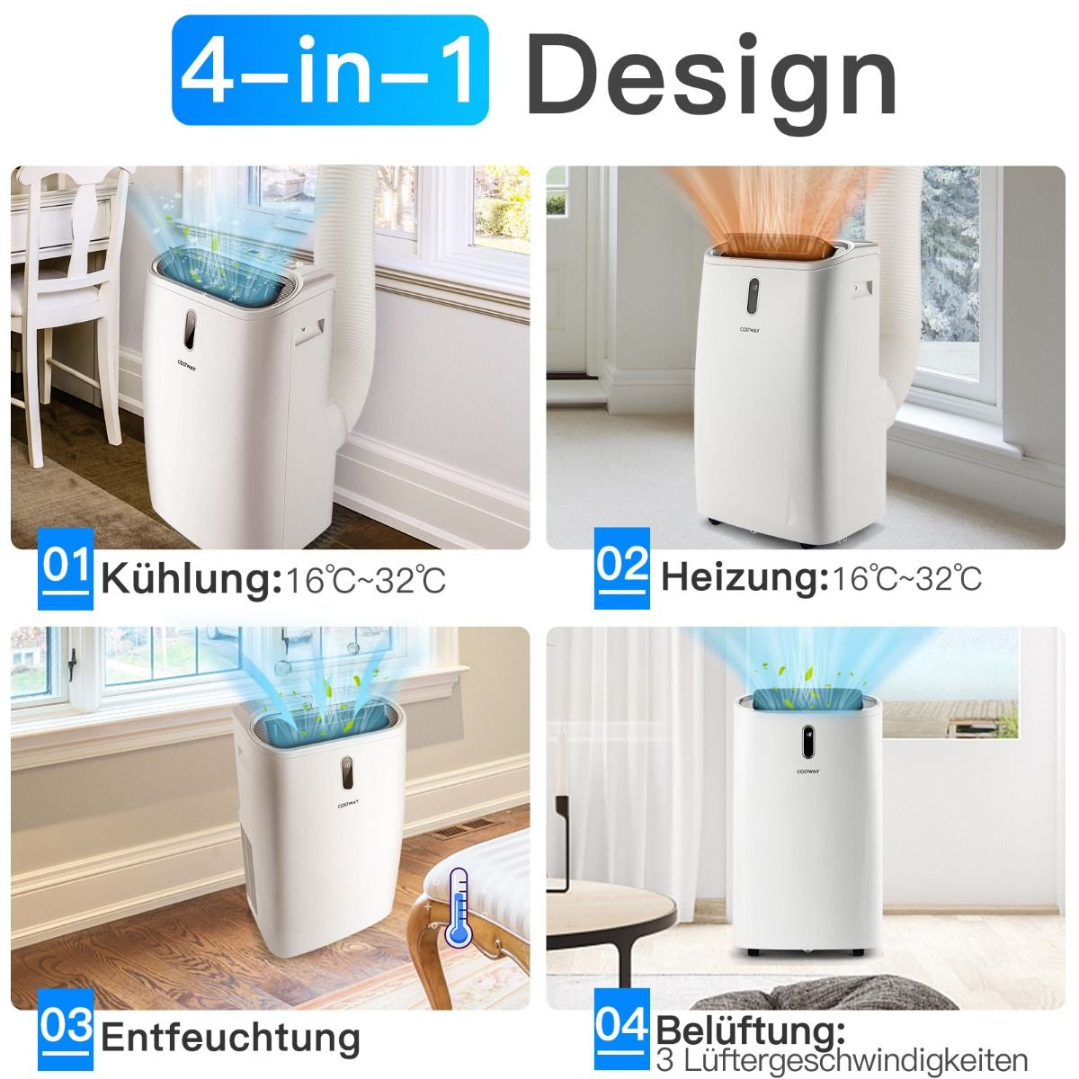 5 in 1 Mobile Klimaanlage 16000 BTU Kühl & Ventilator & Entfeuchter & Heiz Entfeuchter 16℃-32℃ 44,5 X 39 X 77 Cm Weiß