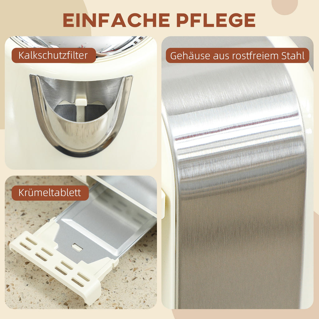 Wasserkocher Toaster Set 2200 W Mit 4 Scheiben Toaster, 1,7L Wasserkocher, Creme
