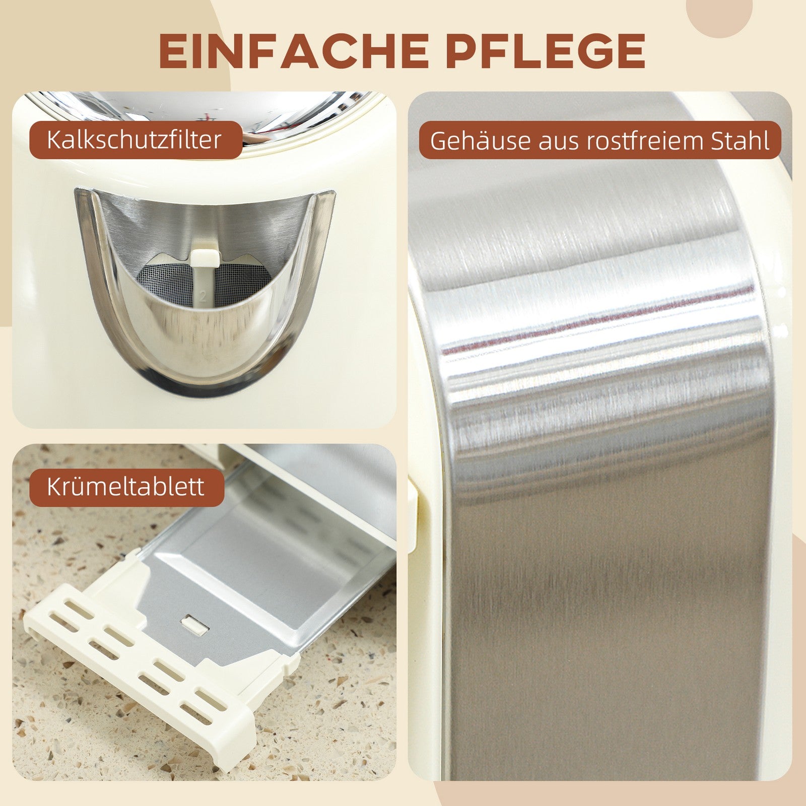 Wasserkocher Toaster Set 2200 W Mit 4 Scheiben Toaster, 1,7L Wasserkocher, Creme