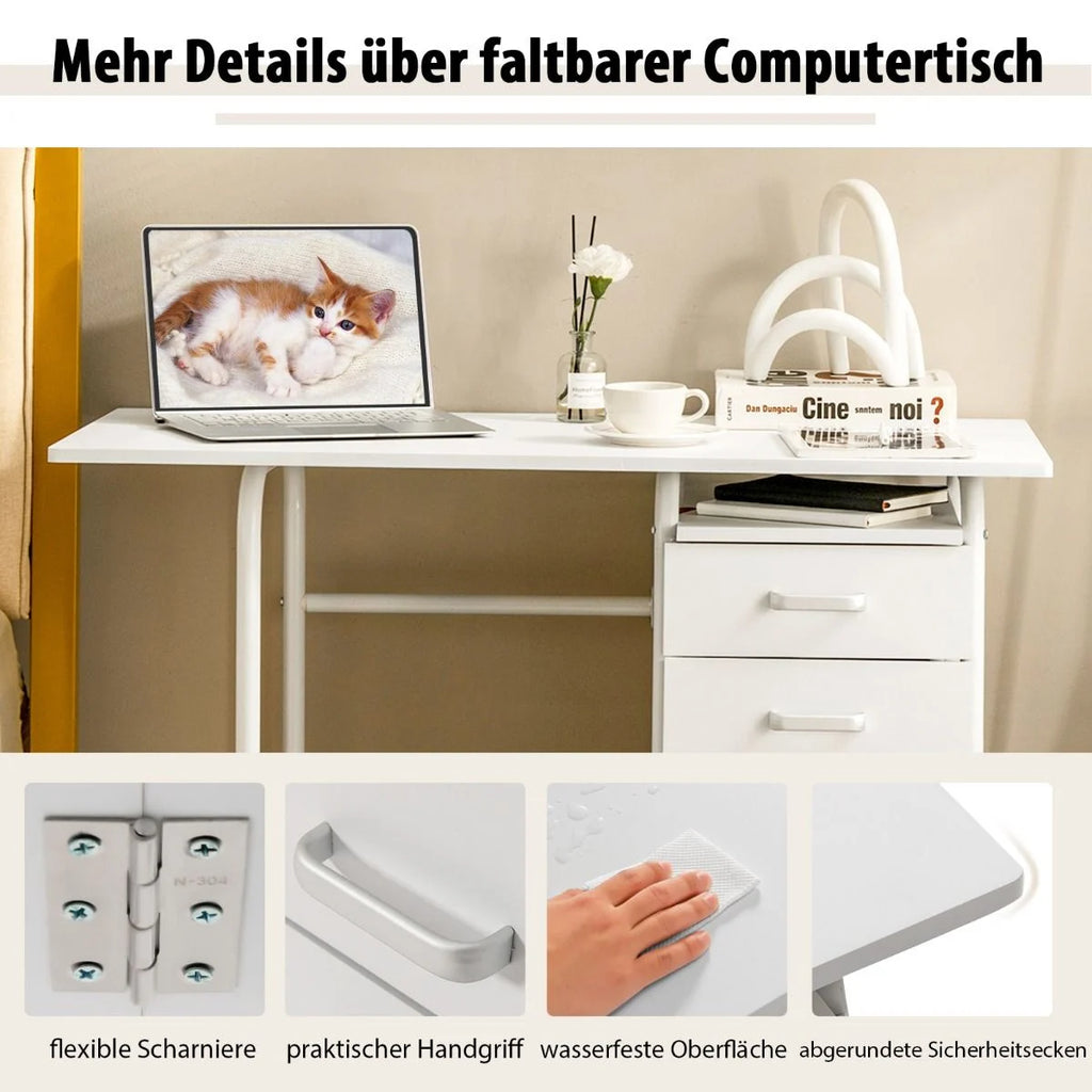 Klappbarer Computertisch Mit 3 Schubladen & Rollen Platzsparender Schreibtisch Bürotisch