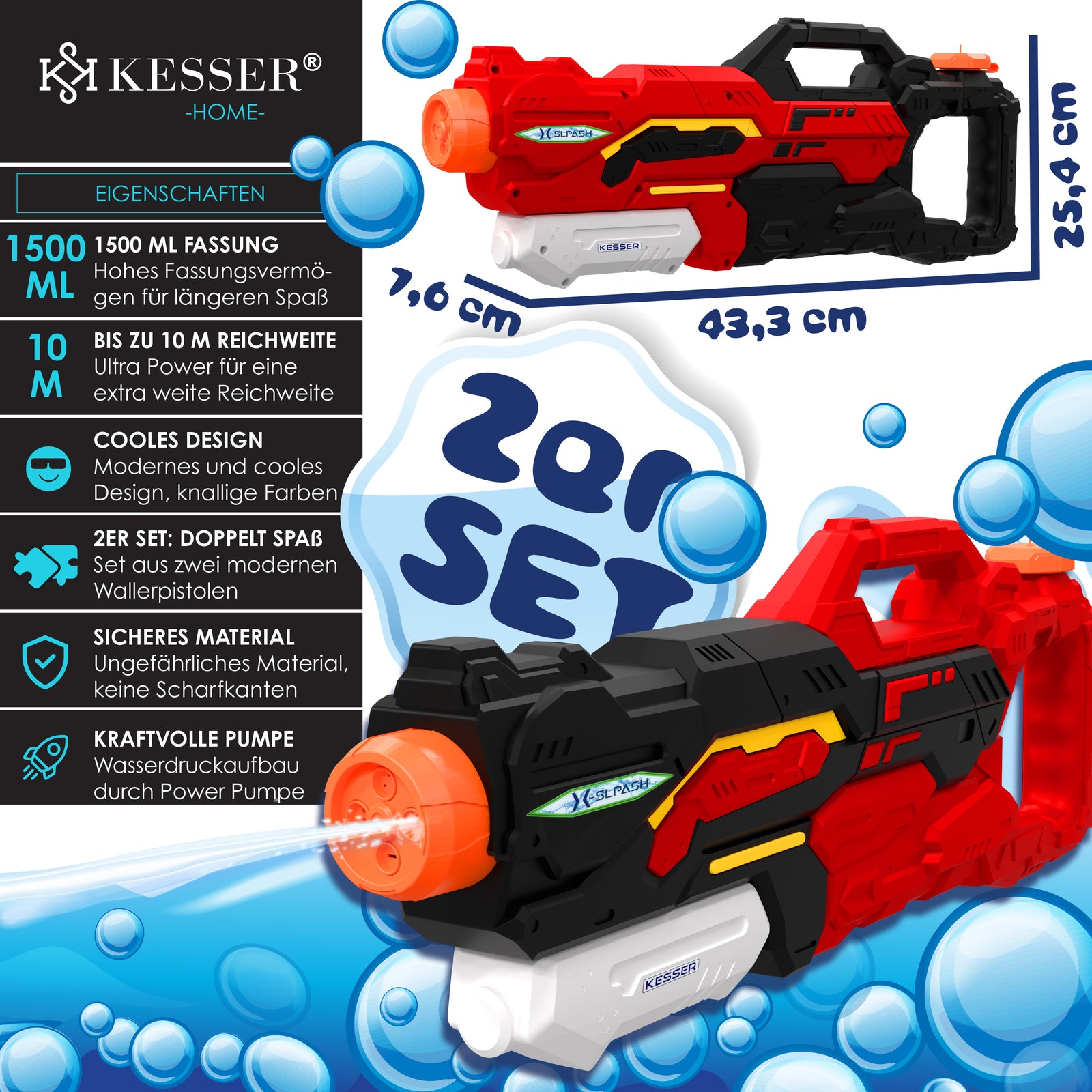 KESSER® Wasserpistole 2Er Set Wasserpistolen Spritzpistolen Reichweite 10-11M
