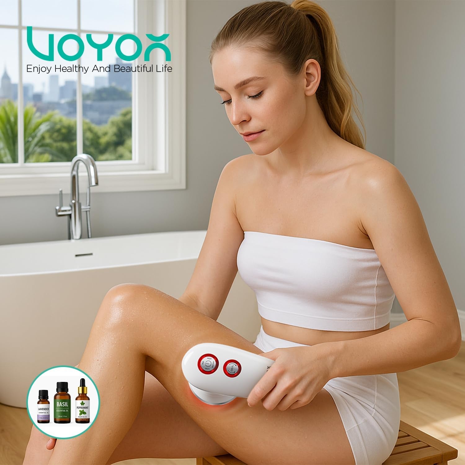 VOYOR Massagegerät anti Cellulite Massage Gerät Für Gesicht Nacken Schulter Rücken Füße Fußbad Mit 3 Muti-Funktionsköpfe Gesichtsreinigungsbürste IPX7 Wasserdicht & Wiederaufladbar