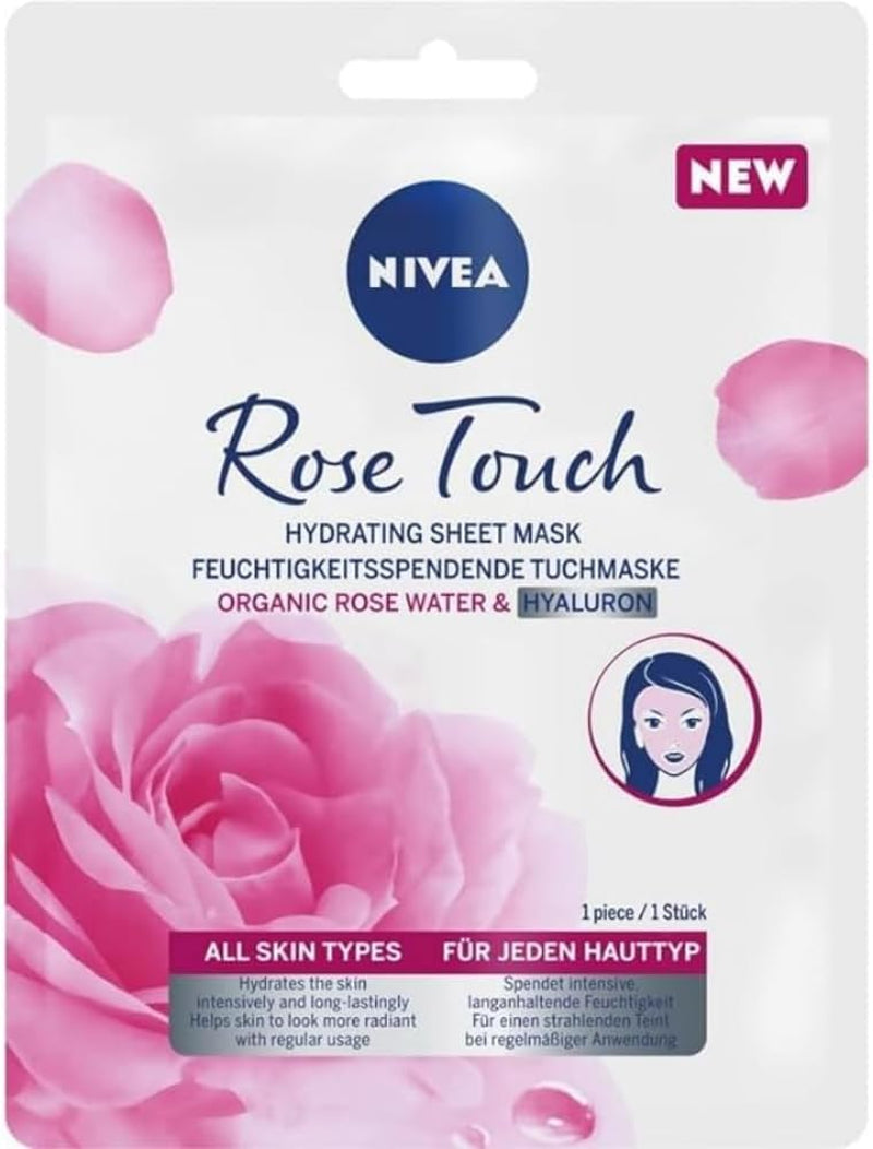 NIVEA Rose Touch Feuchtigkeitsspendende Tuchmaske (1. St.), Gesichtsmaske Für Intensive, Langanhaltende Feuchtigkeit, Feuchtigkeitsmaske Mit Bio Rosenwasser Und Hyaluron (Packung Mit 5)