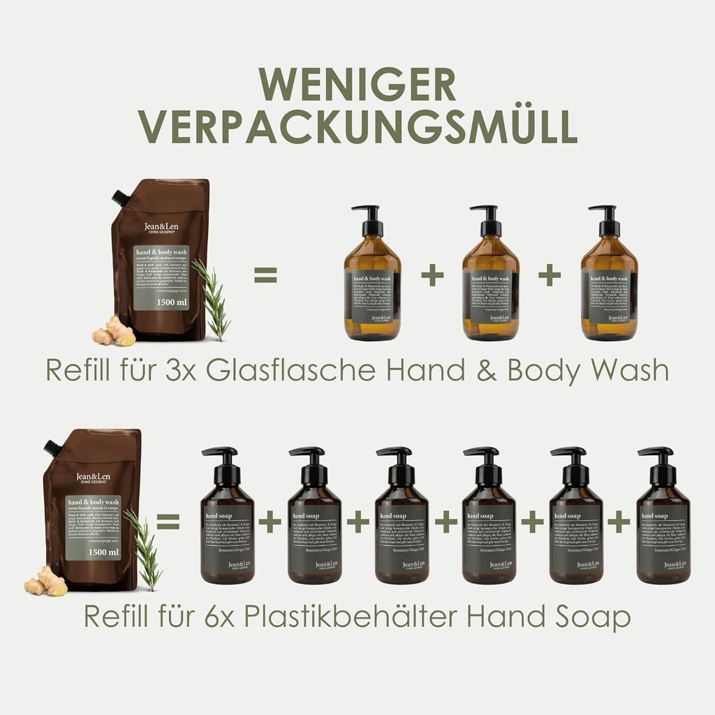 Jean & Len Hand & Body Wash Rosemary Und Ginger Im Nachfüllbeutel, Reinigt Und Pflegt Die Haut, Würzig-Frischer Duft, Flüssigseife Im Nachfüllpack, Ohne Silikone & Parabene, 1,5L