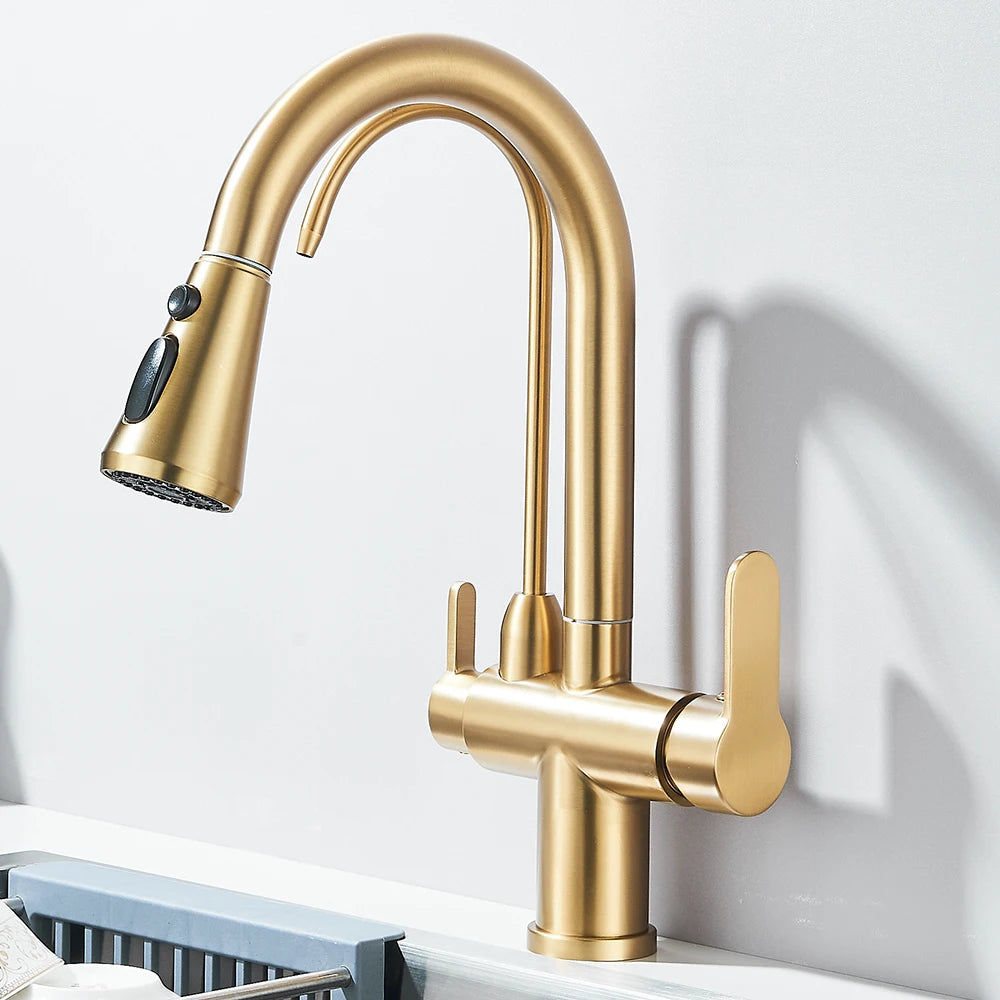 Matte Black Filtered Crane for Kitchen Pull Out Spray 360 Rotation Water Filter Tap Three Ways Sink Mixer Kitchen