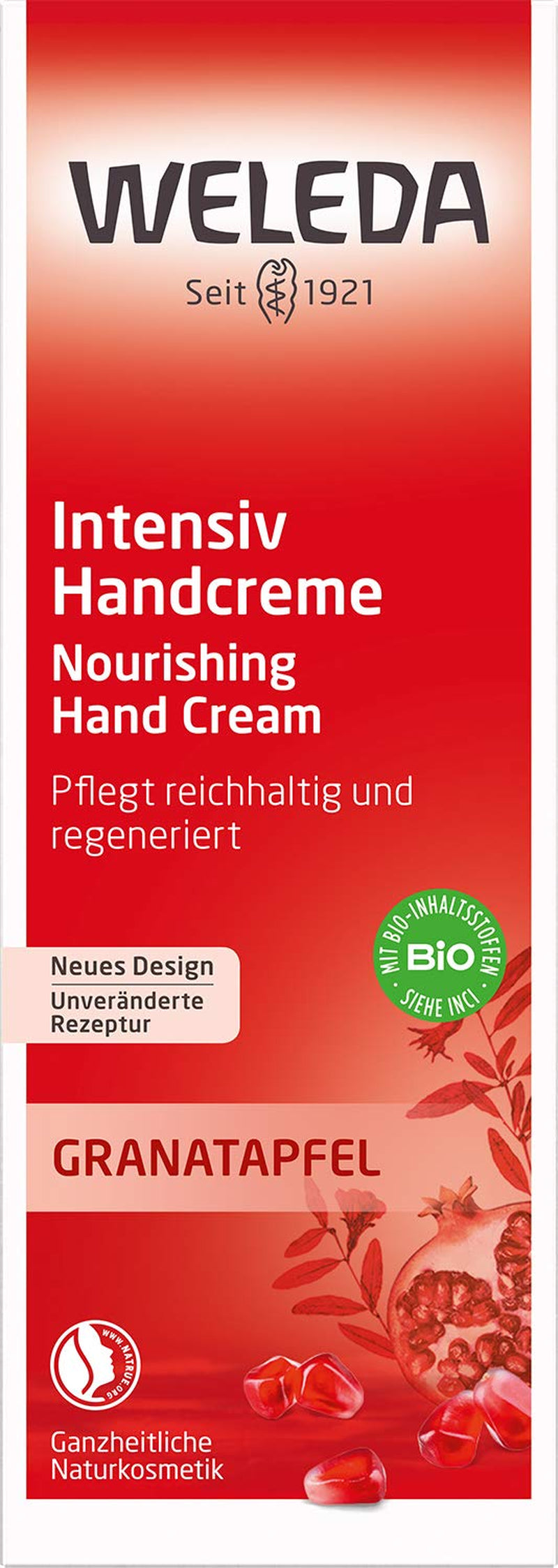 WELEDA Bio Intensiv Handcreme Granatapfel - Naturkosmetik Handpflege Creme Beugt Pigmentflecken Vor, Nachhaltige Feuchtigkeitscreme Mit Sheabutter & Orange-Vanille Duft Für Trockene Hände (1X 50Ml)