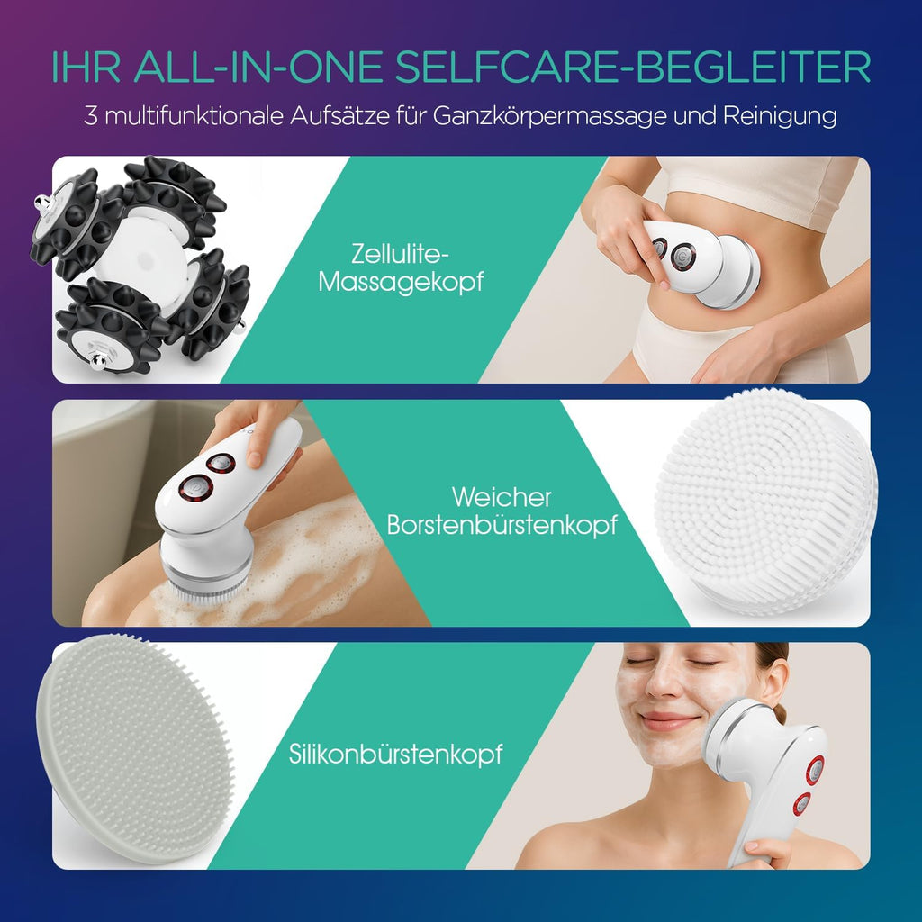 VOYOR Massagegerät anti Cellulite Massage Gerät Für Gesicht Nacken Schulter Rücken Füße Fußbad Mit 3 Muti-Funktionsköpfe Gesichtsreinigungsbürste IPX7 Wasserdicht & Wiederaufladbar