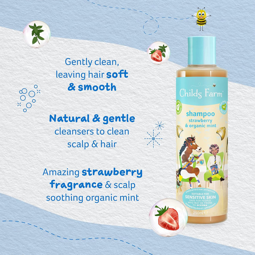 Childs Farm Kinder-Shampoo, 250 Ml, Erdbeere Und Bio-Minze, Alle Haartypen, Entwirrt Und Pflegt, Geeignet Für Trockene, Empfindliche Und Zu Ekzemen Neigende Haut Und Kopfhaut