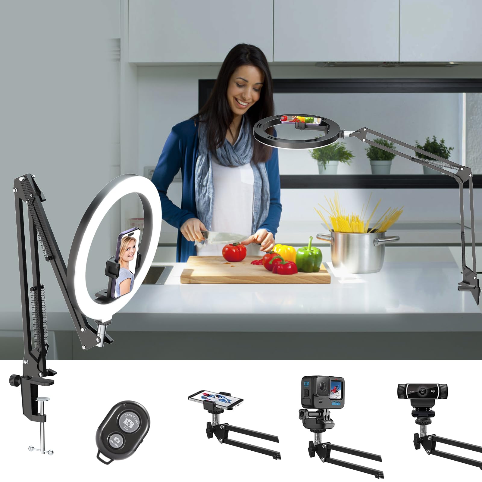 (US Shipping) LUXSURE Ring Light with Stand for DeskOverhead Phone/Camera Mount with Light10" LED Selfie Ring Light for iPhone with Phone HolderPhone Stand for Video Recording Vlog TikTok Live Stream Cooking