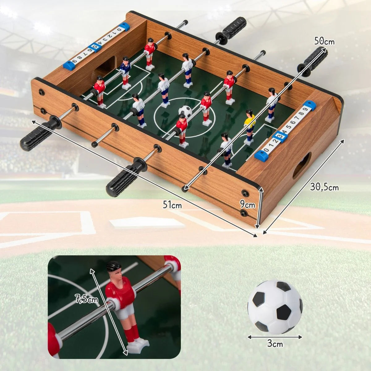 Mini-Fußballtisch Für 2 Spieler Platzsparender Tischkicker Mit Robustem Griff 51 X 30,5 X 9 Cm Natur