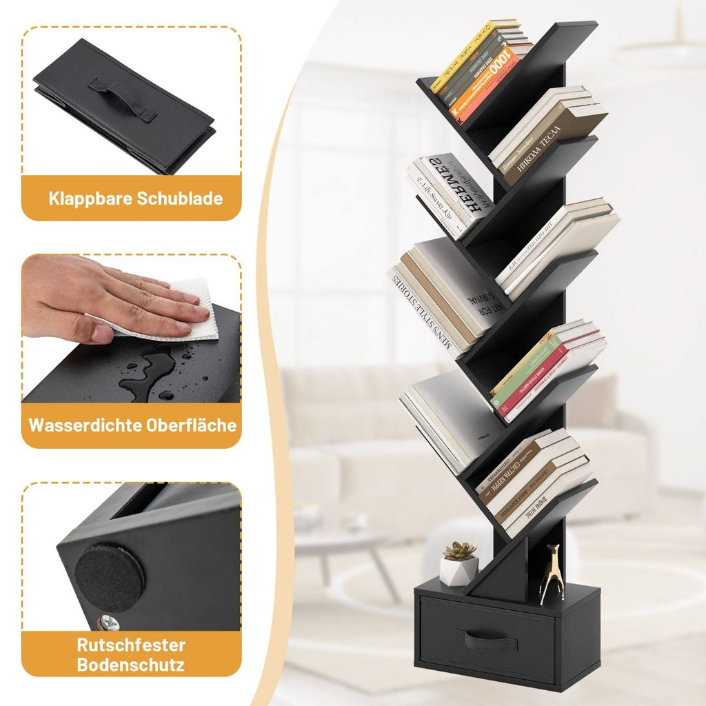 10-Stöckiges Baum-Bücherregal Mit Schublade Bodenstehendes Lagerregal Schwarz