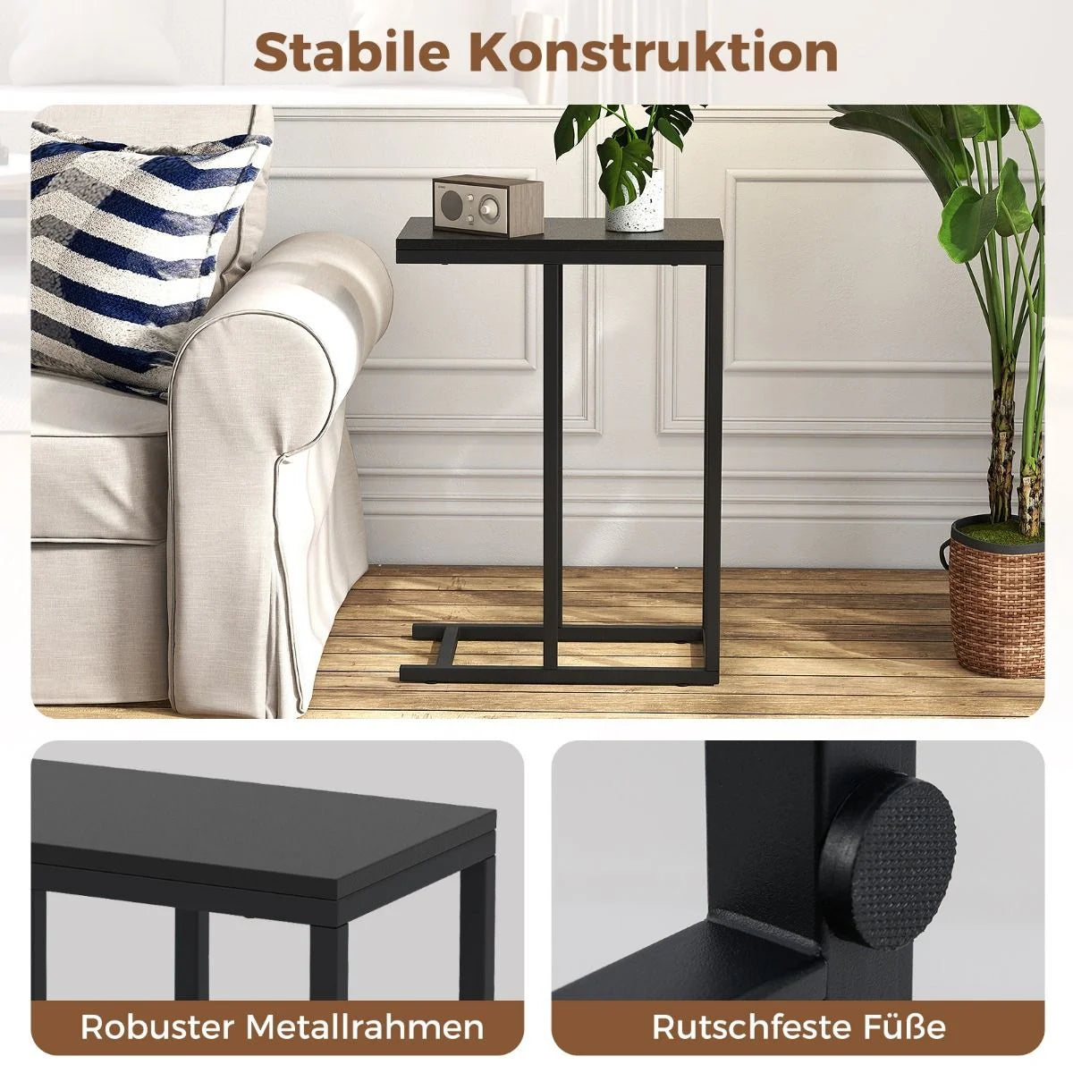 Beistelltisch C-Form Sofatisch Mit Metallgestell Kaffeetisch Für Wohnzimmer Rustikales Braun/Grau/Schwarz