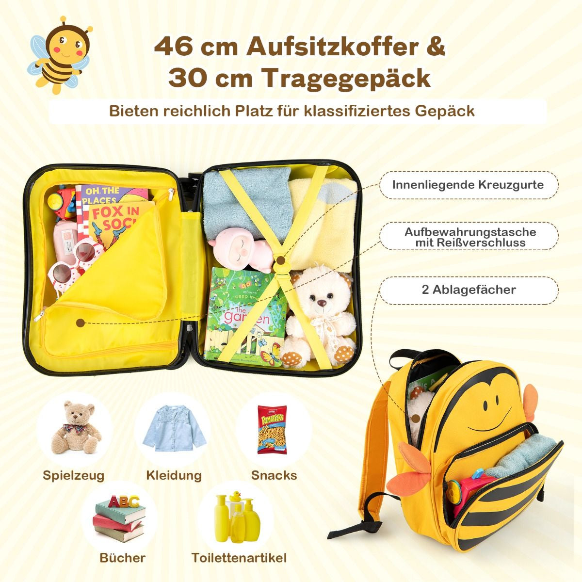 2Tlg Kinderkoffer + Rucksack 47 Cm Langer Aufsitzkoffer Und 30 Cm Breiter Rucksack Gelb