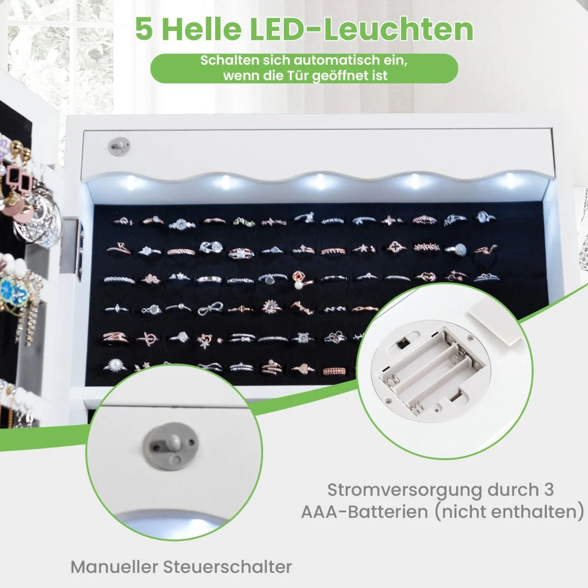 Schmuckschrank Hängend Sipegelschrank Mit Led-Beleuchtung 36,5 X 11,5 X 120 Cm Weiß