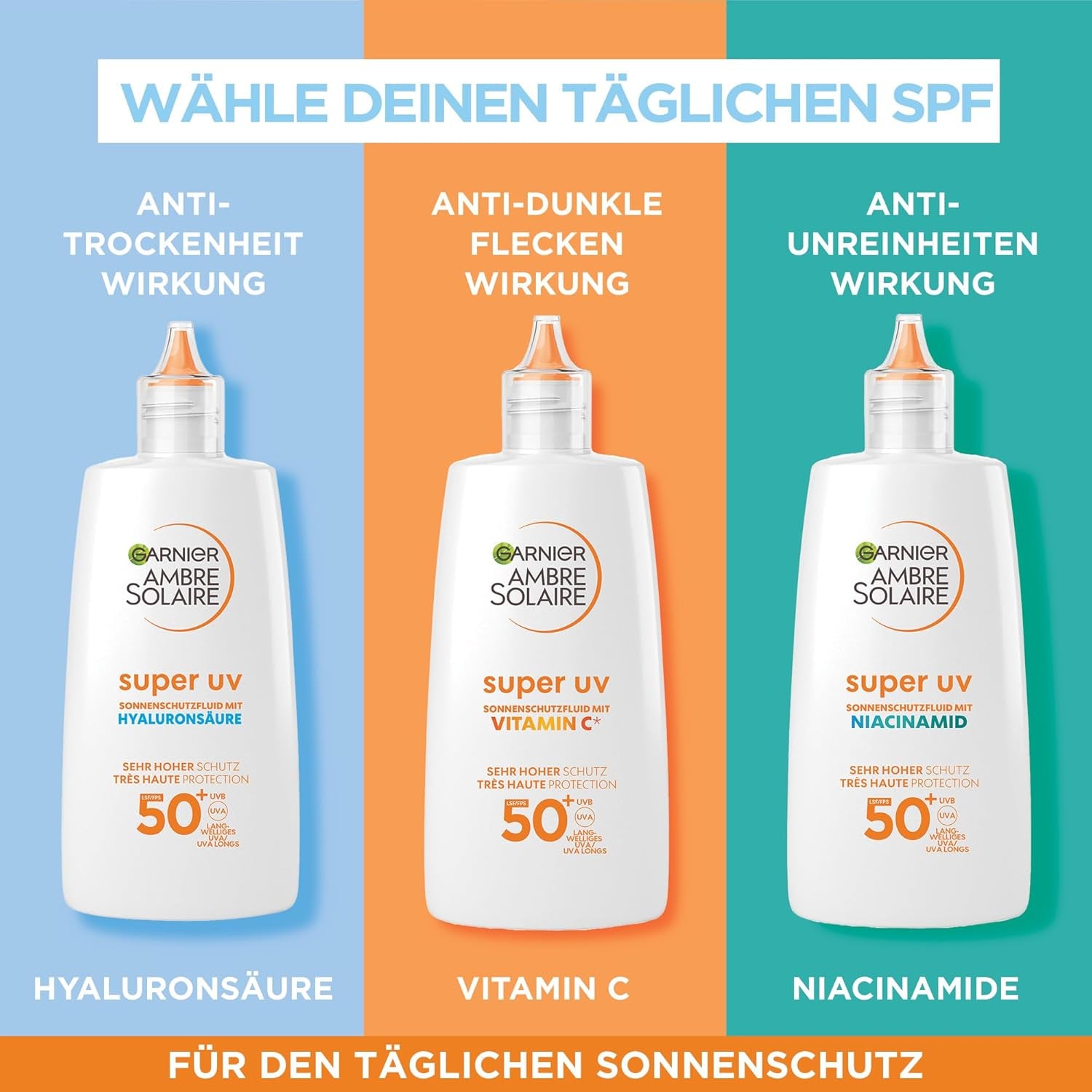 Garnier Ambre Solaire LSF 50+ Super UV Fluid Sonnenschutz, Sonnencreme Mit Hyaluronsäure, Ultraleichte & Mattierende Formel Für Das Gesicht, Unsichtbar, Schutz Vor Sonnenbrand & Pigmentflecken, 40Ml