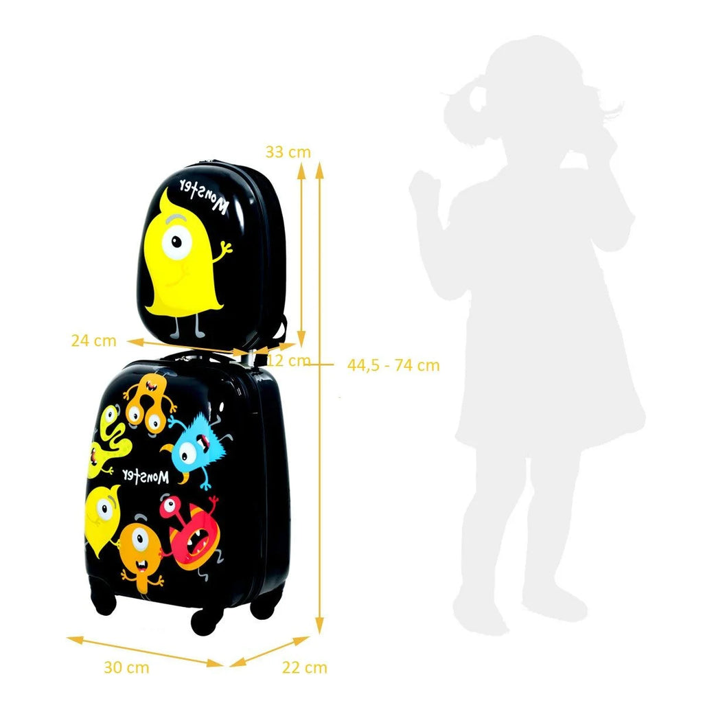 2 Tlg Kindergepäck Monstersbild Reisekoffer Kinderkoffer + Rucksack Schwarz
