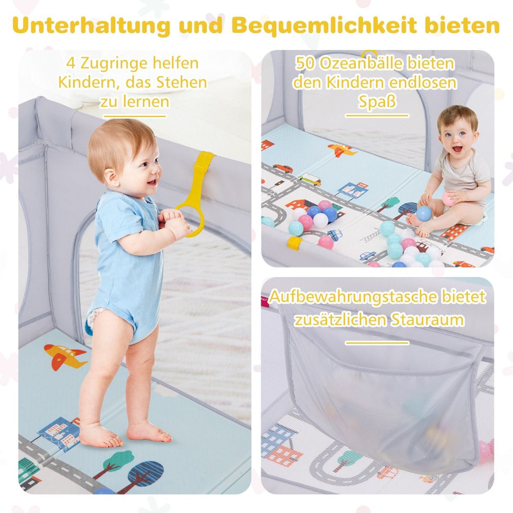 Baby Laufstall Mit Matratze & 50 Spielbällen & 4 Zugringen & 4 Reißverschlusstür Hellgrau