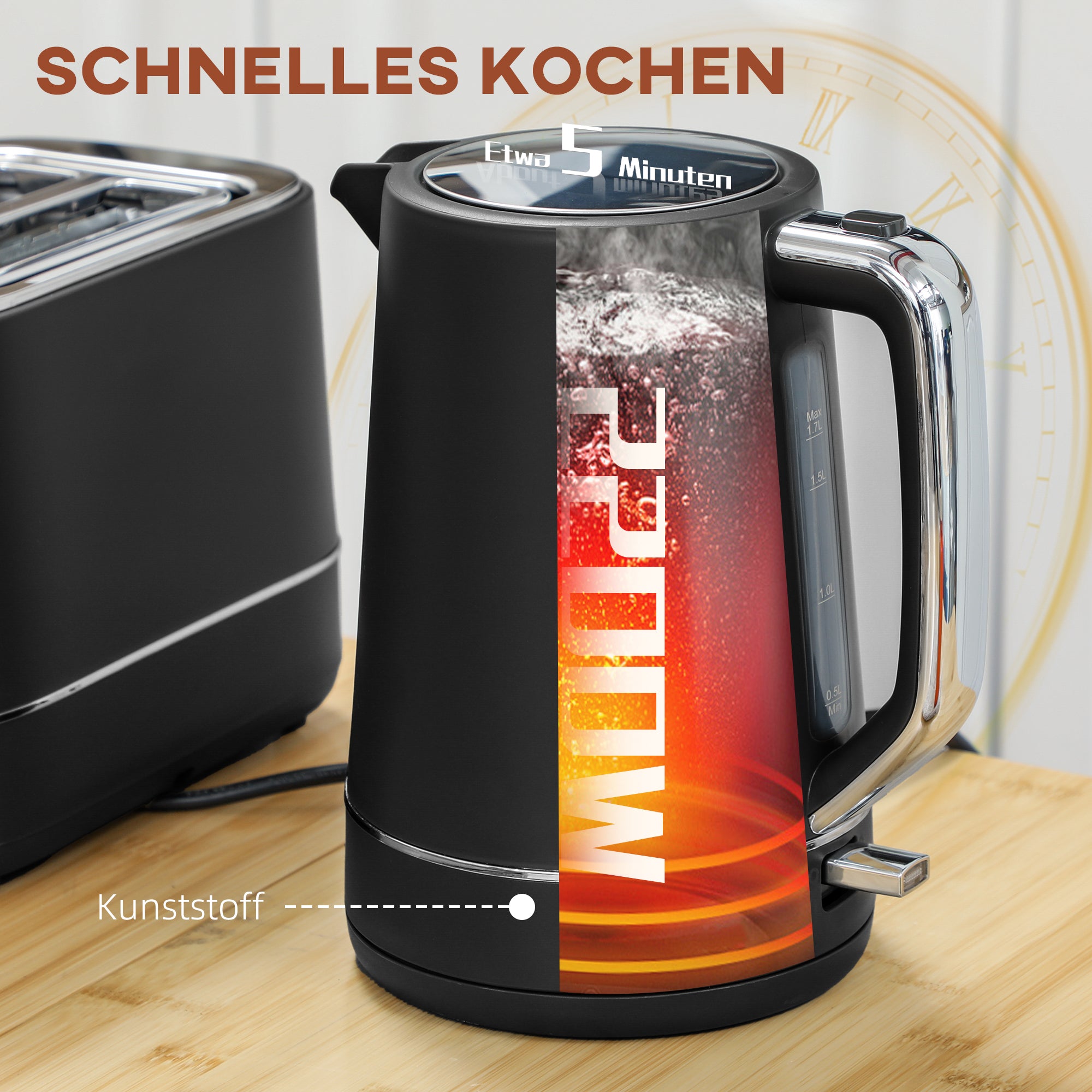Wasserkocher Toaster Set Frühstück-Set Mit 1,7L Wasserkocher, 2 Scheiben Toaster