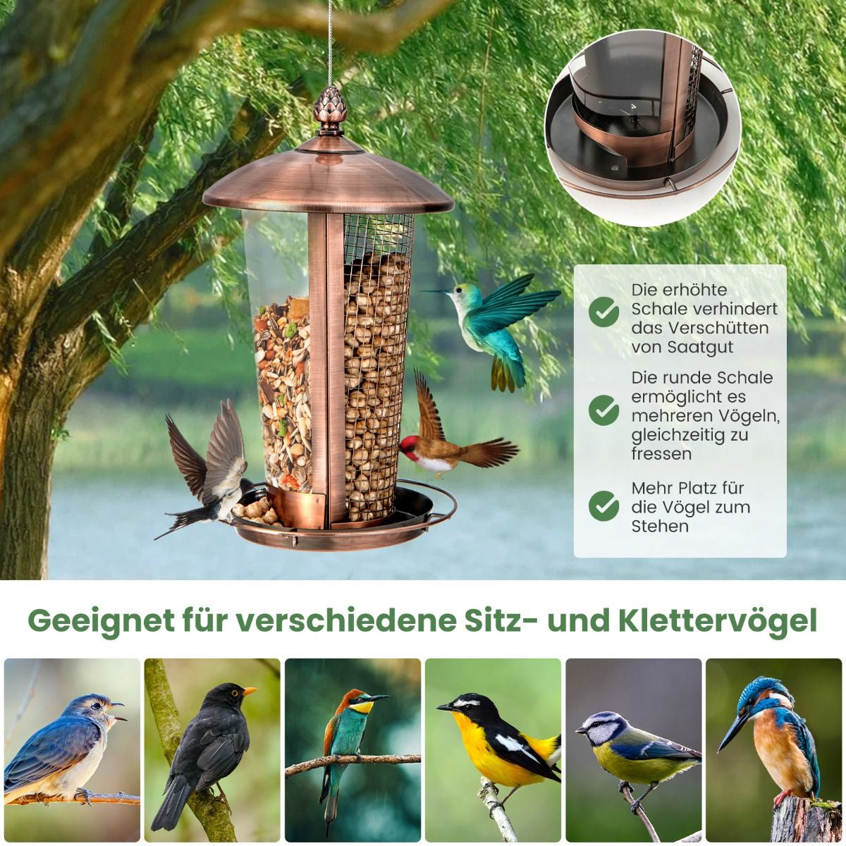 Vogelfutterspender Zum Aufhängen 2-In-1-Futterhäuschen Für Wildvögel 16 X 28 Cm Bronze