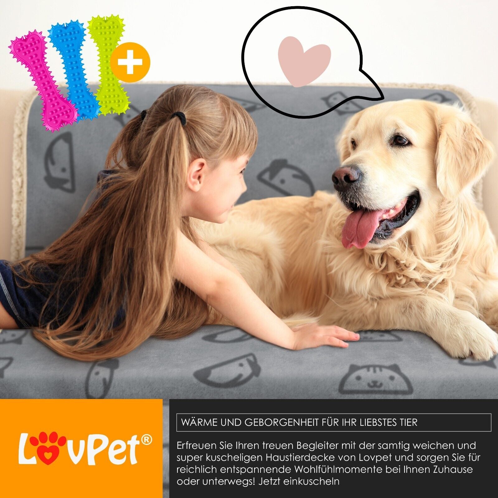 LOVPET® Hunde Decke Wasserdicht Haustier Trockenbett Fleece, 3X Spielzeugknochen
