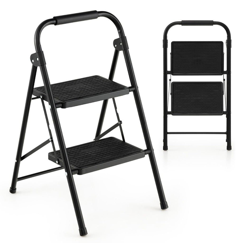 2-Stufige Leiter Klappbarer Tritthocker Mit Gepolstertem Handgriff 47 X 39 X 71 Cm Schwarz