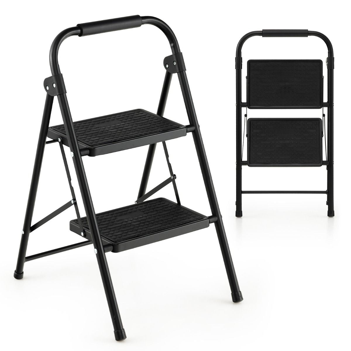 2-Stufige Leiter Klappbarer Tritthocker Mit Gepolstertem Handgriff 47 X 39 X 71 Cm Schwarz