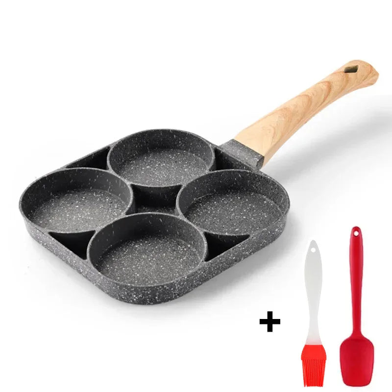 4 Hole Frying Pan Non Stick Breakfast Burger Egg Pancake Maker Wooden Handle Medical Stone Four Hole Omelet Pan