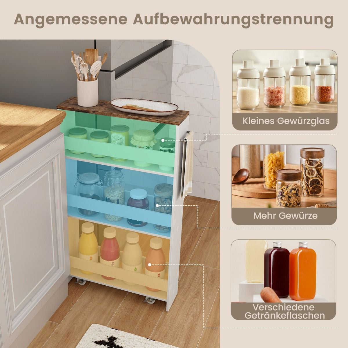 Nischenwagen 13Cm Breit 4 Etagen Küchenwagen Schmal Nischenregal Auf Rollen 48 X 13 X 81 Cm Braun+Weiß
