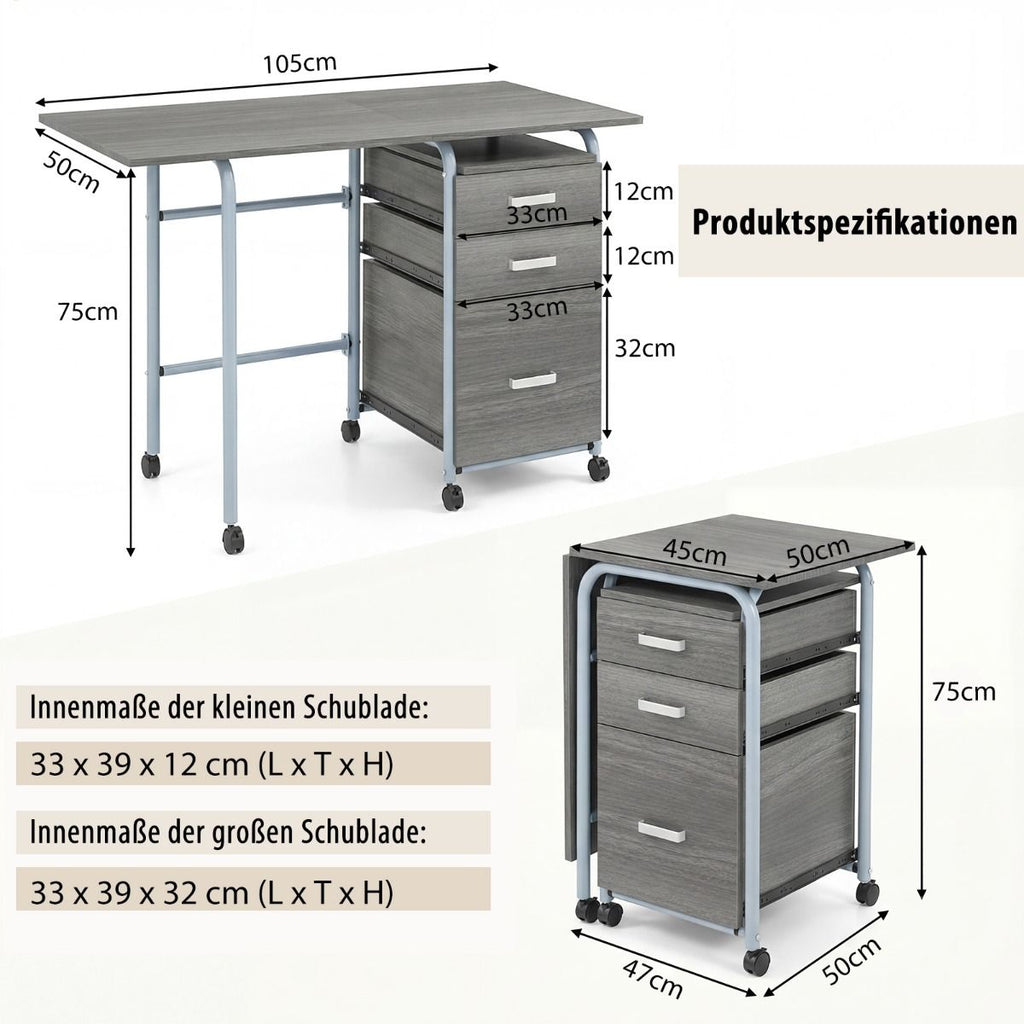 Klappbarer Computertisch Mit 3 Schubladen & Rollen Platzsparender Schreibtisch Bürotisch