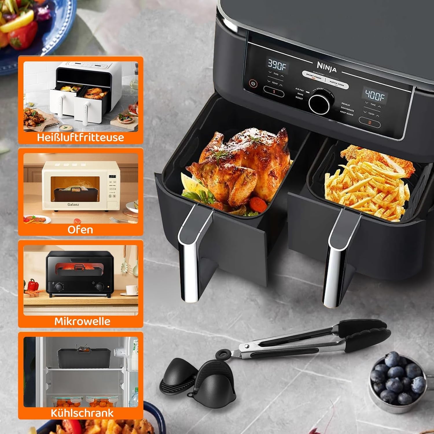 Ninja Heißluftfritteuse Zubehör - Airfryer Zubehör Set Für Ninja Foodi Max Dual Zone AF400EU/AF300EU, AF400EUCP, DZ400EU, 7,6L–9,5L | Bpa-Frei, Spülmaschinenfest, Wiederverwendbar
