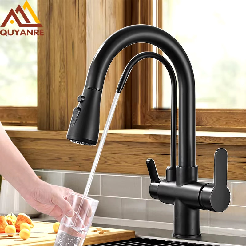 Matte Black Filtered Crane for Kitchen Pull Out Spray 360 Rotation Water Filter Tap Three Ways Sink Mixer Kitchen