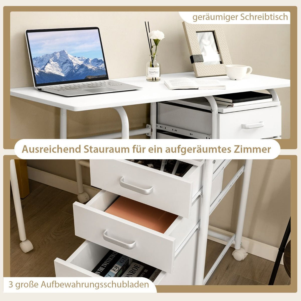 Klappbarer Computertisch Mit 3 Schubladen & Rollen Platzsparender Schreibtisch Bürotisch