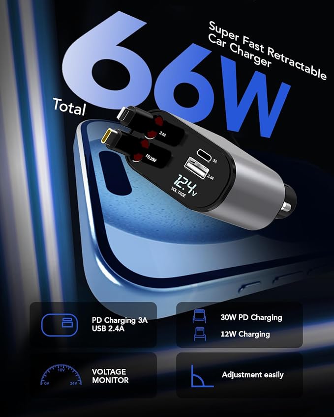 (US Shipping) TIKTOK SHOP Retractable Car Charger, 4 in 1 Fast Car Phone Charger 66W, Retractable Cables and USB Car Charger,Compatible with iPhone 15/14/13/12/11,Galaxy,Pixel