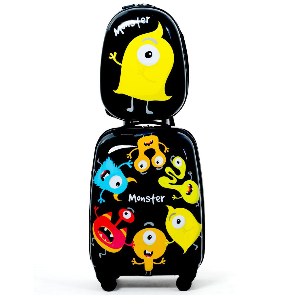 2 Tlg Kindergepäck Monstersbild Reisekoffer Kinderkoffer + Rucksack Schwarz