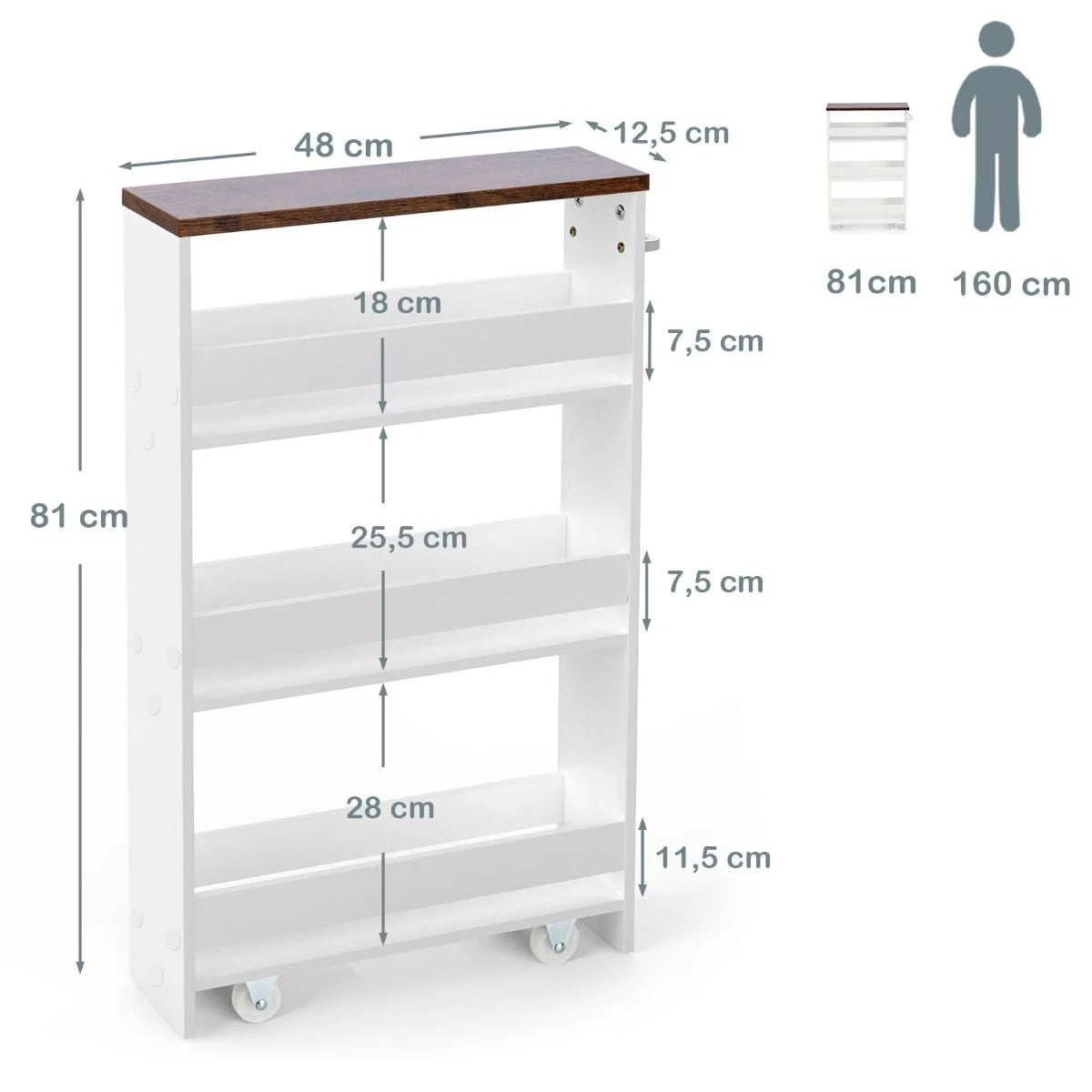 Kücheninselwagen Rollender 4-Stöckiger Schmaler Küchenwagen Mit Griff 48 X 12,5 X 81 Cm Weiß