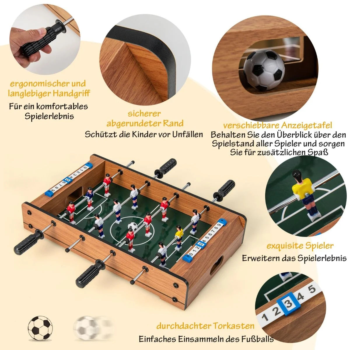 Mini-Fußballtisch Für 2 Spieler Platzsparender Tischkicker Mit Robustem Griff 51 X 30,5 X 9 Cm Natur