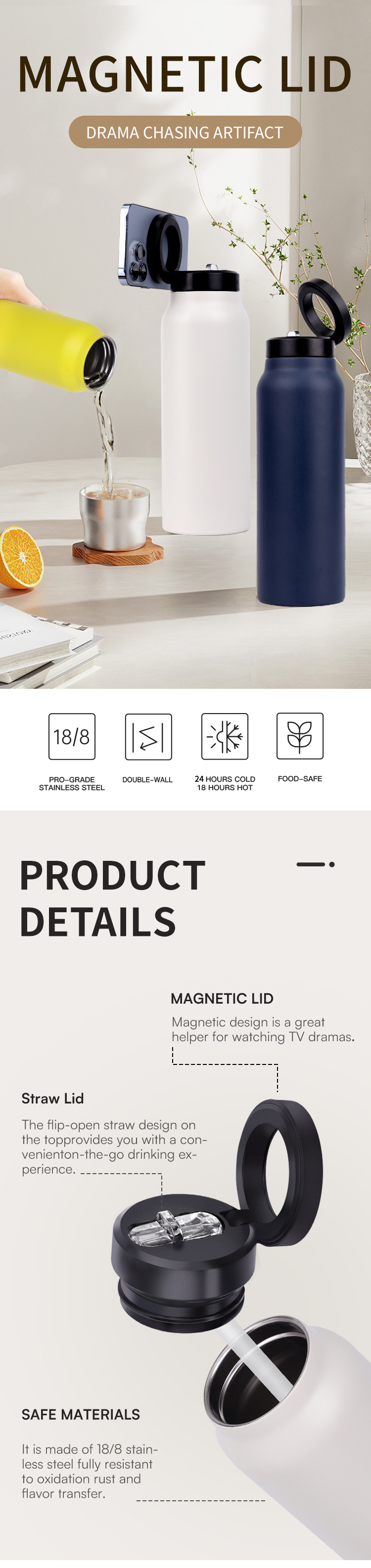 (US-DE Shipping) Stainless Steel Water Bottle With Lid Magnetic
