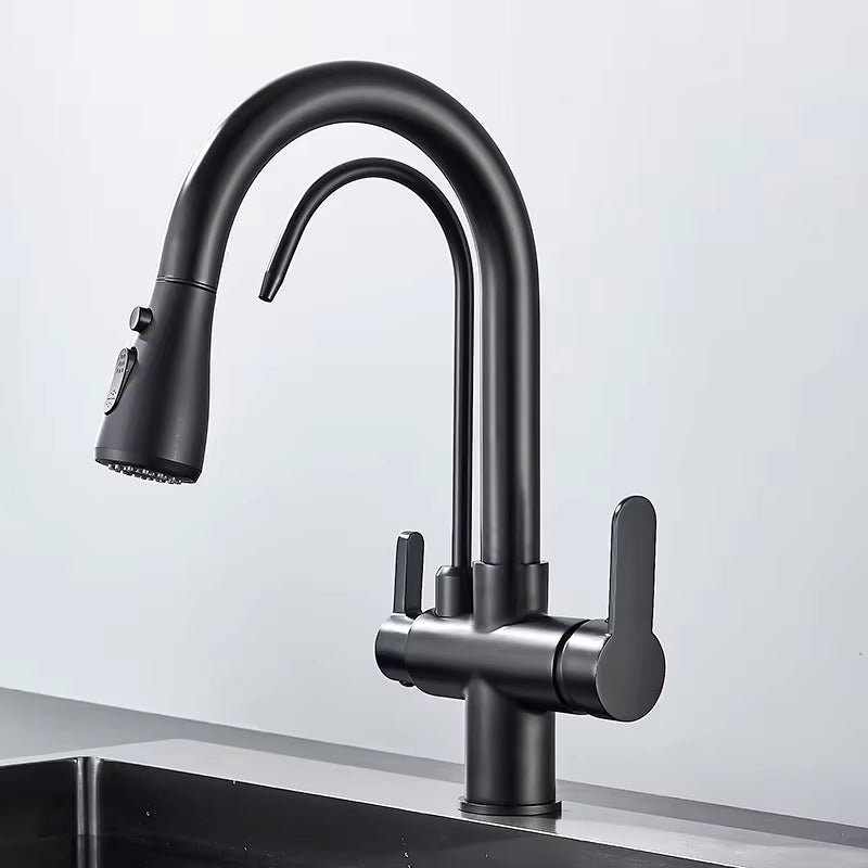 Matte Black Filtered Crane for Kitchen Pull Out Spray 360 Rotation Water Filter Tap Three Ways Sink Mixer Kitchen