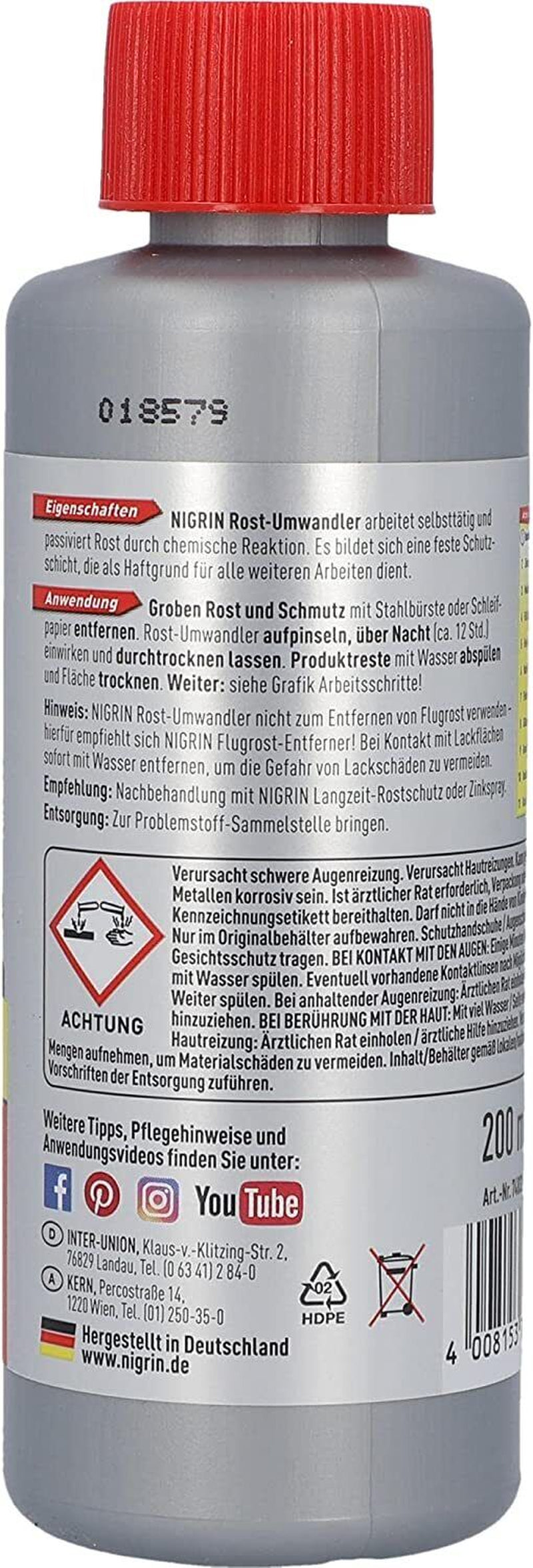 NIGRIN 74032 Auto Rostumwandler Rostlösend Rostentferner Selbstaktiv Pkw 200 Ml