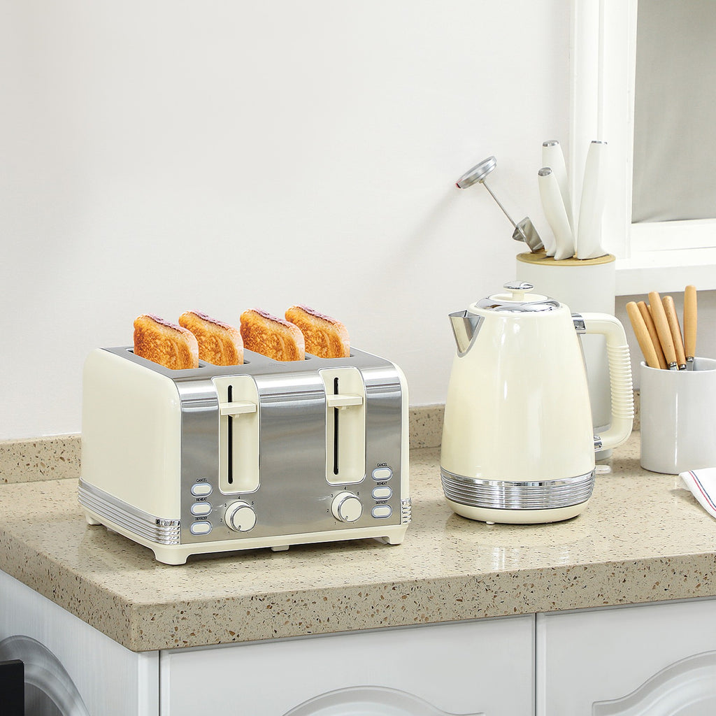 Wasserkocher Toaster Set 2200 W Mit 4 Scheiben Toaster, 1,7L Wasserkocher, Creme