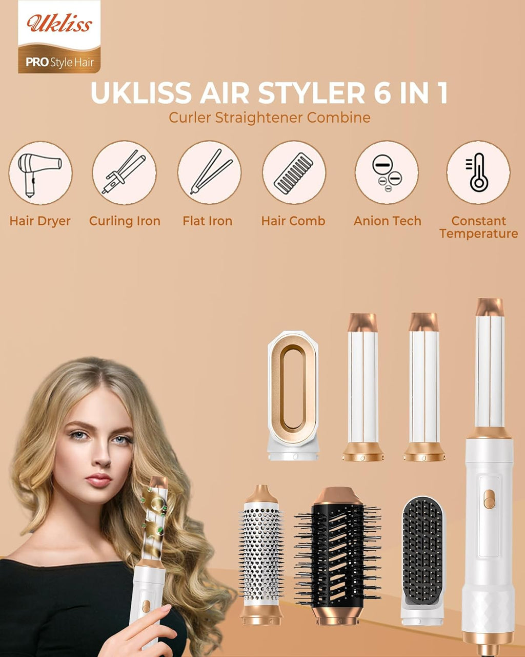 Hot Air Styler 6 in 1, UKLISS Föhnbürste Mit 6 Ersatz: 1000W Haartrockner, Airflow-Auto Lockenstab, Lockenbürste, Rundbürstenföhn, Haarglätter Für Haar Volumen, Glätten, Locken Und Föhnen, Haarpflege